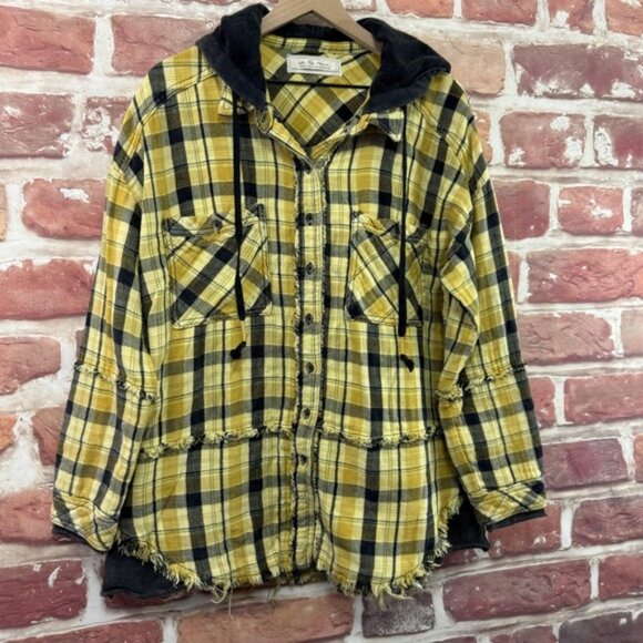 Free People Calico Basin Shirt Jacket Women's M Yellow Plaid Distressed Hoodie - Picture 2 of 8